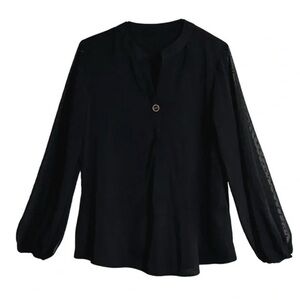 Women’s Black Blouse Gold Accent Sheer Sleeves Work Top